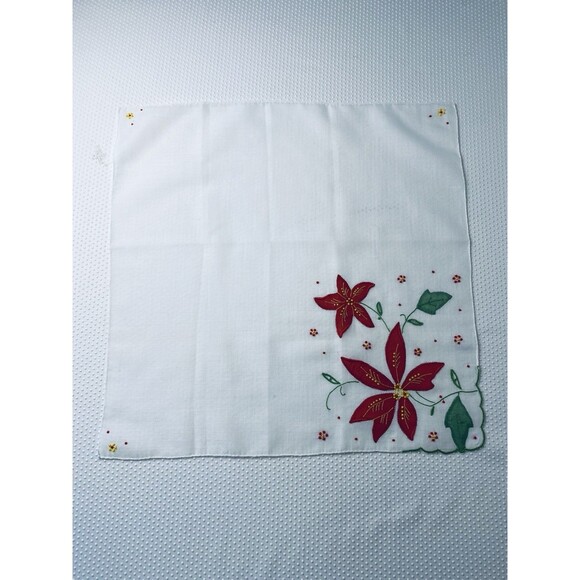 Christmas Holiday Embroidered Hanky Handkerchief Red Poinsettia Scalloped Edges - Picture 6 of 7